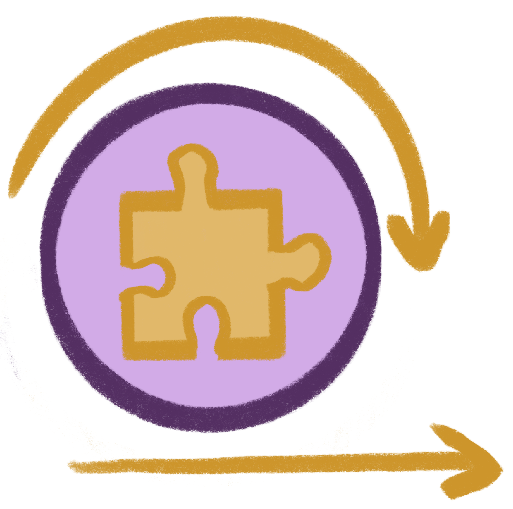 a purple circle with two arrows around it. one circles it and one points right. It has a gold puzzle pieces symbol in the centre.